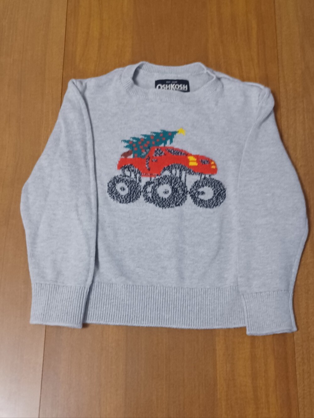 OshKosh B'Gosh Christmas Sweater Boys 3T Gray Red Monster Truck Tree Holiday
